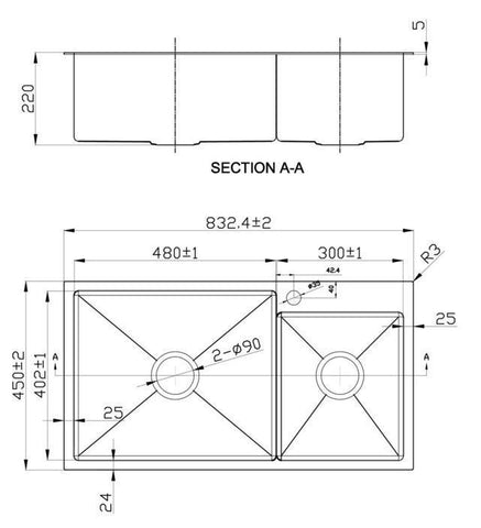 SinkStainless Steel Kitchen Sink 832*450*220- Lead free