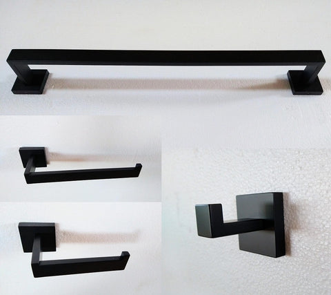 Matt Black Square Towel Rail Hand Towel Rack Toilet Paper Roll Holder Robe Hook