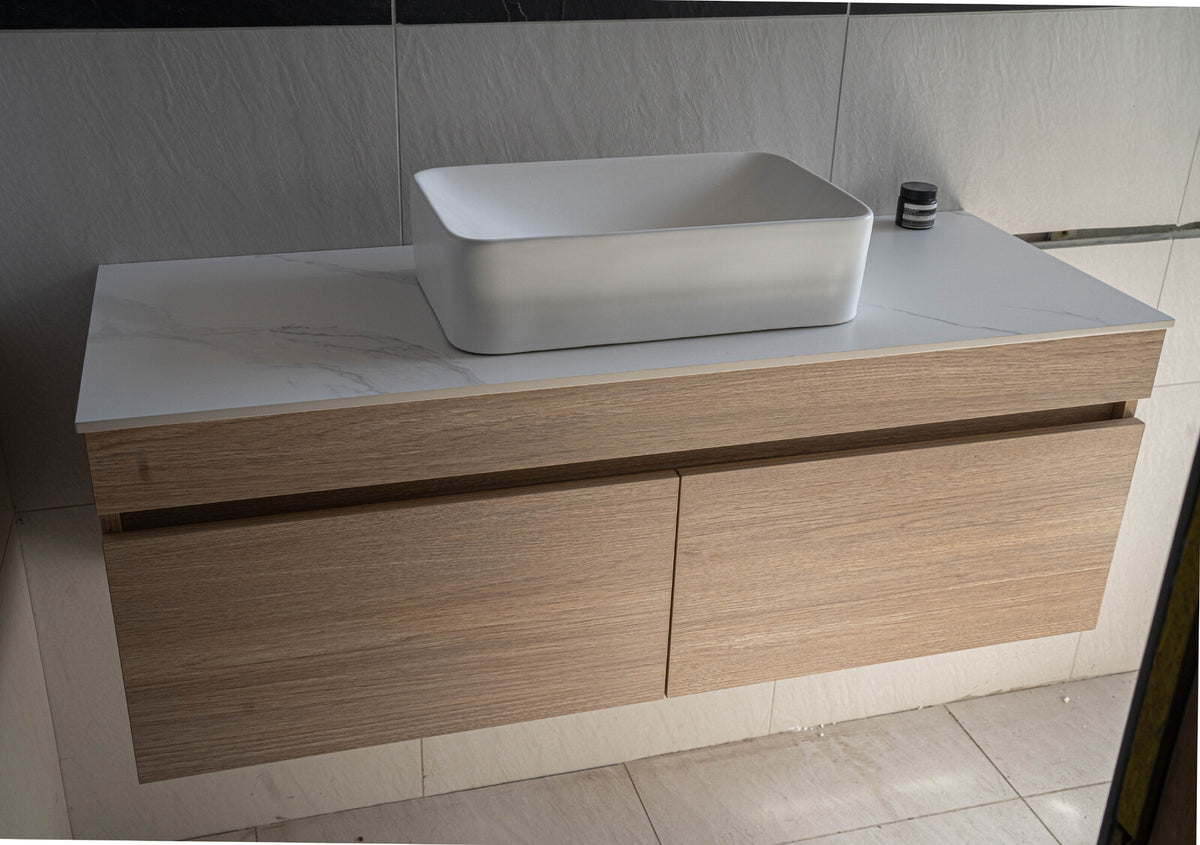 Pick up @Mel Modern look wall hung floating vanity sizes optional Sintered Stone bench top with undermount basin