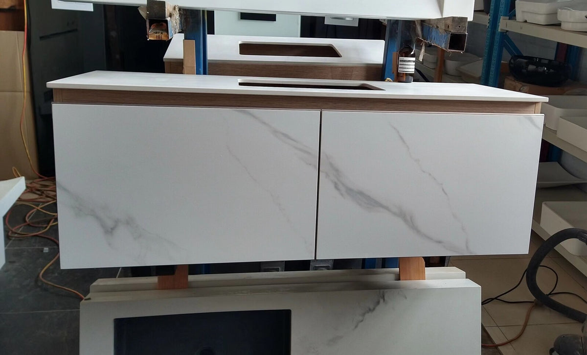 Pick up @Mel Modern look wall hung floating vanity sizes optional Sintered Stone bench top with undermount basin