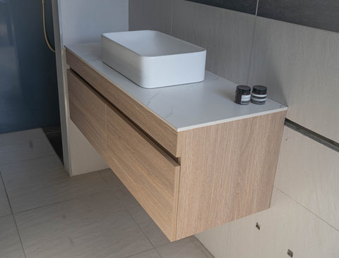 Pick up @Mel Modern look wall hung floating vanity sizes optional Sintered Stone bench top with undermount basin