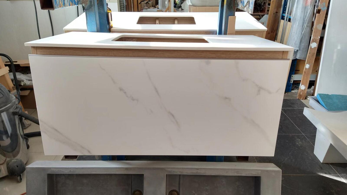 Pick up @Mel Modern look wall hung floating vanity sizes optional Sintered Stone bench top with undermount basin
