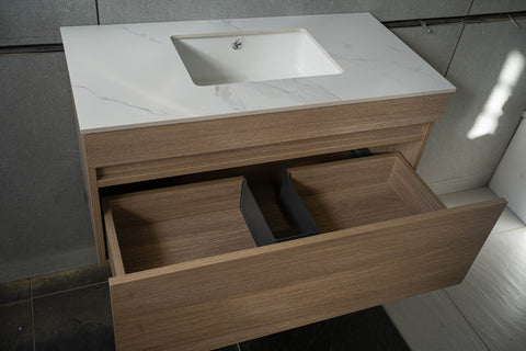 Pick up @Mel Modern look wall hung floating vanity sizes optional Sintered Stone bench top with undermount basin