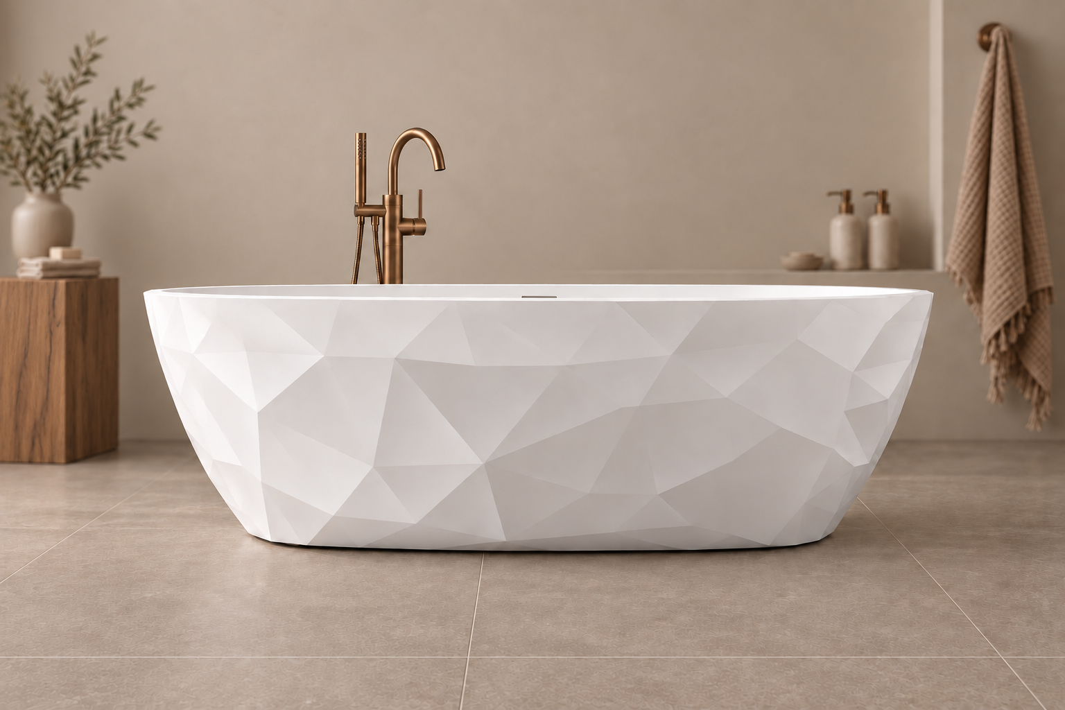 Faceted white DZ-15 bath in a warm styled bathroom setting
